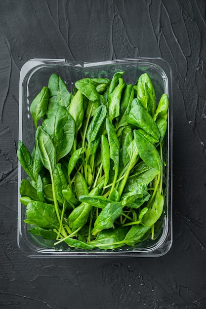 Fresh spinach leaves set, on black background, in plastic pack, top view flat lay