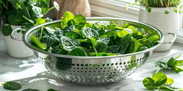 Fresh Spinach Leaves in Stainless Steel Colander on Kitchen Counter