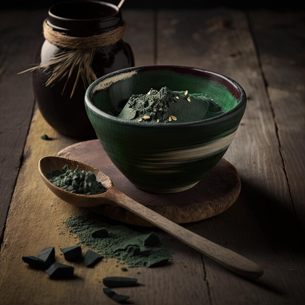 Fresh spirulina drink in glass spirulina powder in bowl on dark backgroundAI Generated