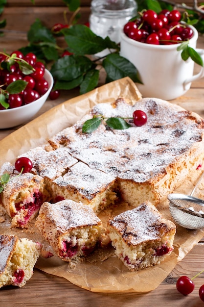 Fresh sponge cake with cherries Chiffon biscuit Homemade bakery concept