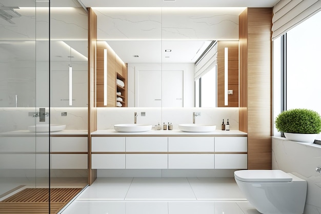 A fresh spotless restroom with plenty of light