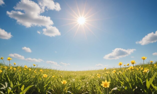Photo a fresh spring blue sunny sky background with blurred warm sunny glow