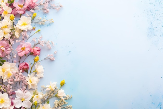 単色の背景の新鮮な春の花 テキストの場所 トップビュー ホリデーコンセプト