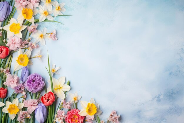 Fresh spring flowers on a monochrome background Place for text top view Holiday concept