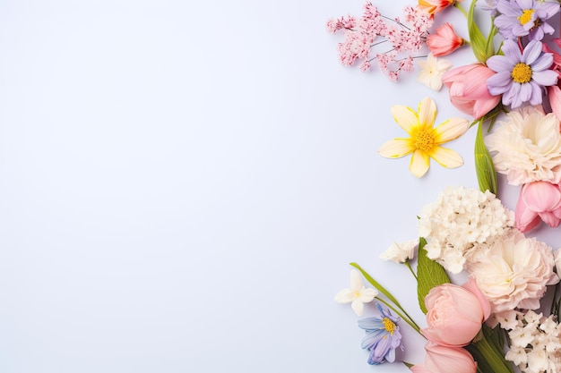 単色の背景の新鮮な春の花 テキストの場所 トップビュー ホリデーコンセプト