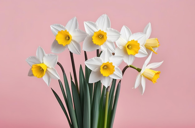 Fresh spring flowers narcissus bouquet on pink peach background mothers day valentines