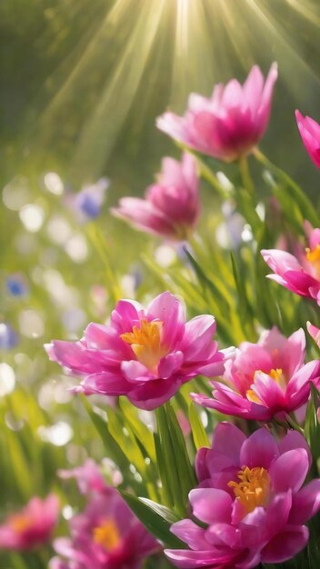 新鮮な春の花とボケと太陽の光の自然な背景