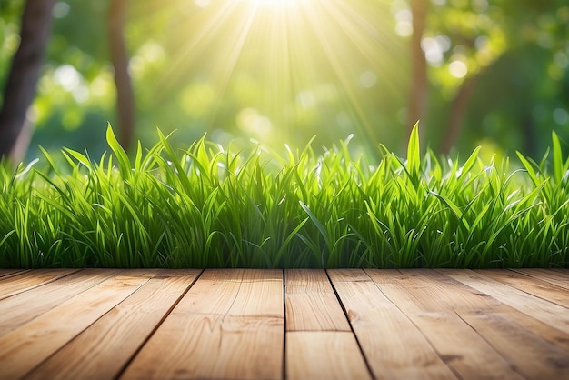 Fresh spring green grass with green bokeh and sunlight and wood floor Beauty natural background