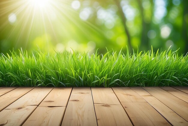 Fresh spring green grass with green bokeh and sunlight and wood floor Beauty natural background