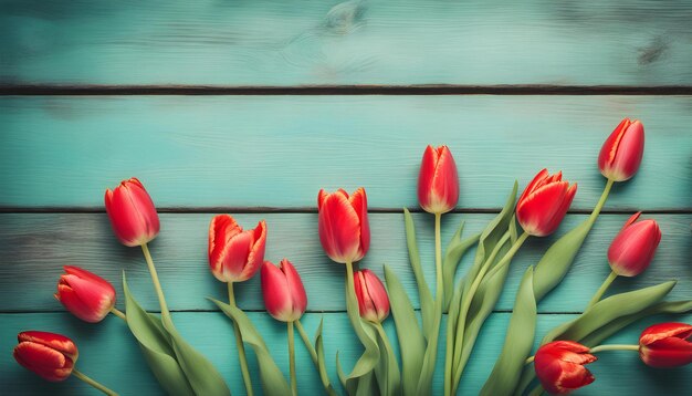 Photo fresh spring red tulips flowers on turquoise painted wooden planks