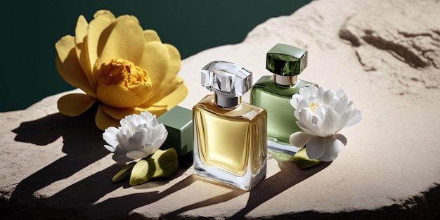 Foto fresca immagine romantica primaverile eleganti bottiglie di profumo in vetro trasparente elegante banner di profumeria ia generativa