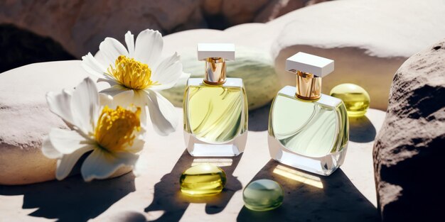 Foto fresca immagine romantica primaverile eleganti bottiglie di profumo in vetro trasparente elegante banner di profumeria ia generativa