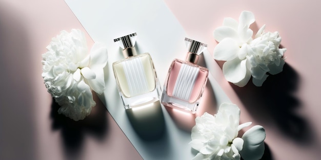 Photo fresh spring romantic image stylish transparent glass perfume bottles stylish parfumerie banner generative ai