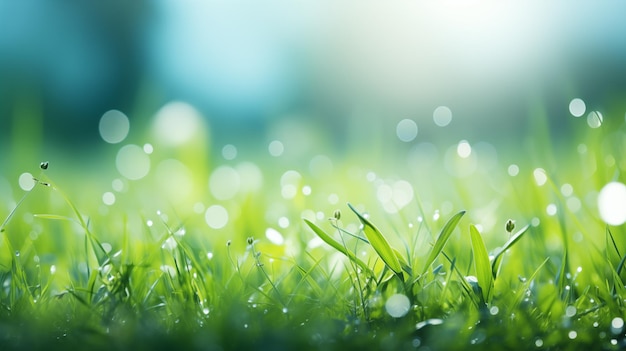 A fresh spring sunny garden background of green grass and blurred foliage bokeh