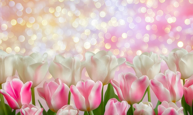 Fresh spring tulip flowers as a holiday postcard design blurred background space for text