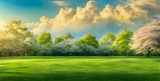 Fresh Springtime Lawn Under Sunny Sky