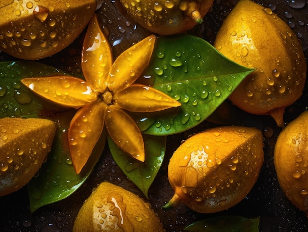 Foto frutta di stella fresca con gocce d'acqua close up full frame background top view