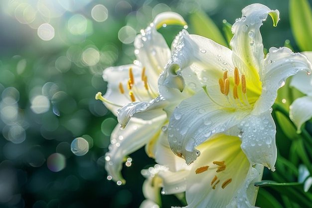 봄 의 신선 한 시작 부활절 릴리 꽃다발 아침 이슬 로 반이는 본질 을 포착 한다