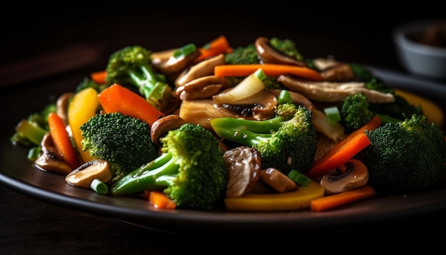 Fresh stir fried vegetables on gourmet plate generated by AI