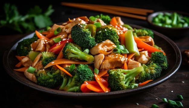 Fresh stir fried vegetables on rustic wooden plate generated by AI