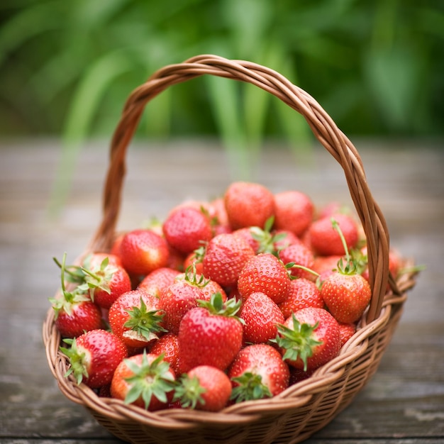 Fresh strawberries in a basket on old wooden table, selective focus