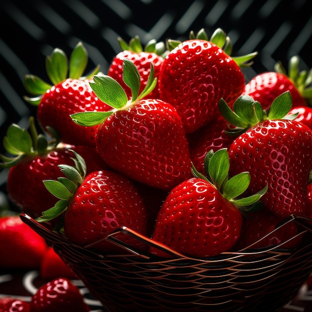 Fresh Strawberries in a Basket with Attached Leaves