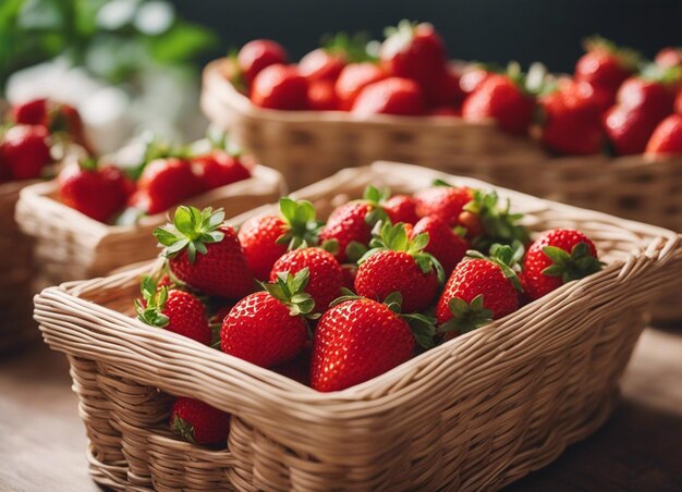 Foto una fragola fresca in un cesto su uno sfondo di legno