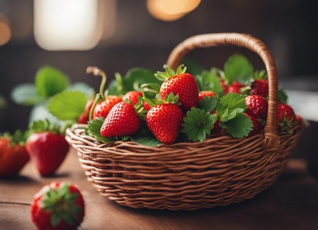 A fresh strawberries in a basket on a wooden background