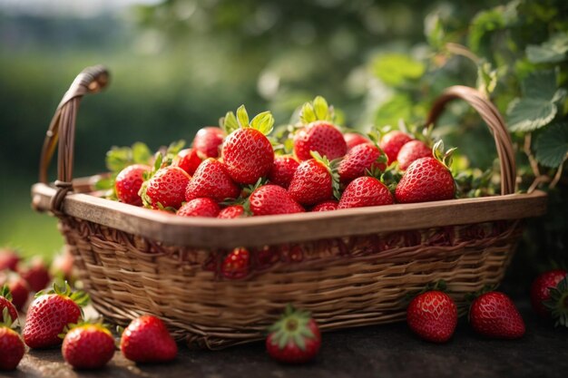 Foto fragole fresche in un cesto su un tavolo di legno in giardino fragole in un cesso di vimini