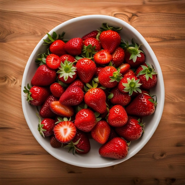 Fresh Strawberries in a Bowl on a Wooden Table