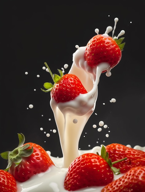 Fresh strawberries falling into milk splash on dark background