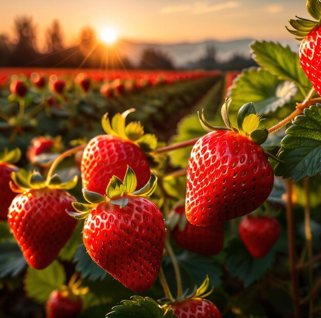 Fresh strawberries growing on plants in a farm