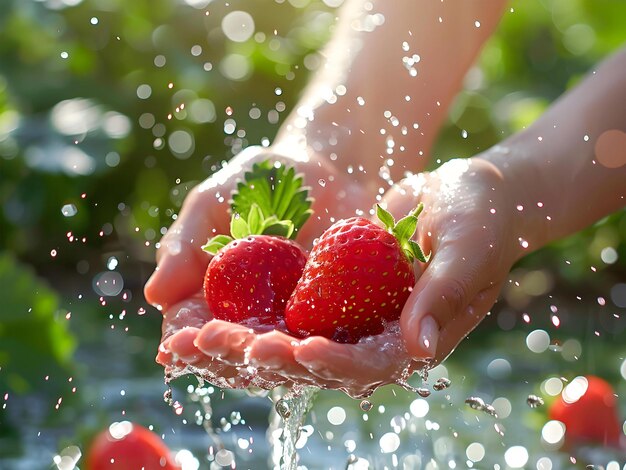 fresh strawberries in the hand with water splash on the strawberry farm background