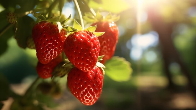 Fragole fresche appese alla pianta dell'azienda agricola