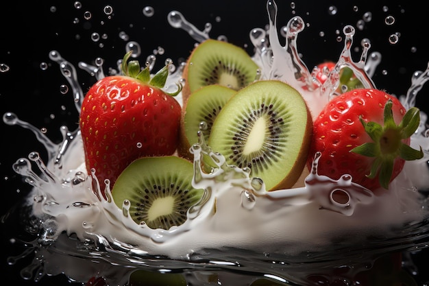 Fresh Strawberries and Kiwi in Creamy White Milk Splash