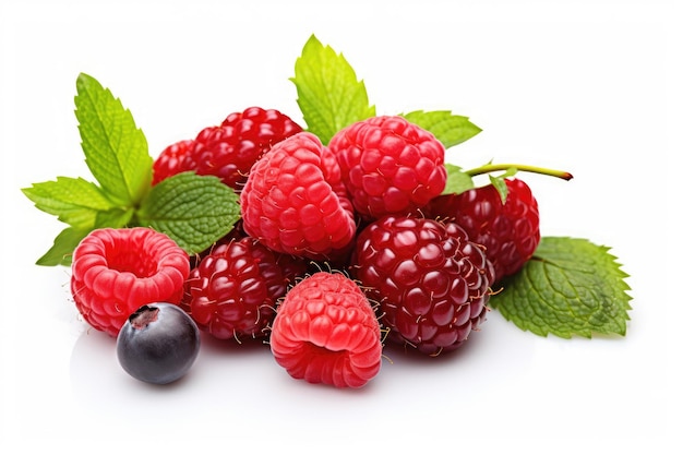 fresh strawberries raspberries cherries mint on a white background