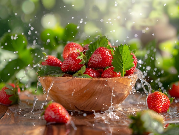 fresh strawberries in the wooden bowl with water splashing