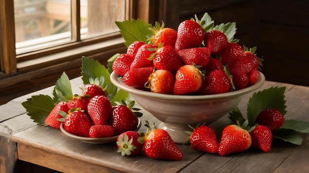 Fresh strawberries on wooden table