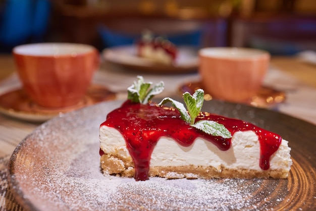 Fresh strawberry cheesecake Selective Focus Focus on the front upper edge of the cake