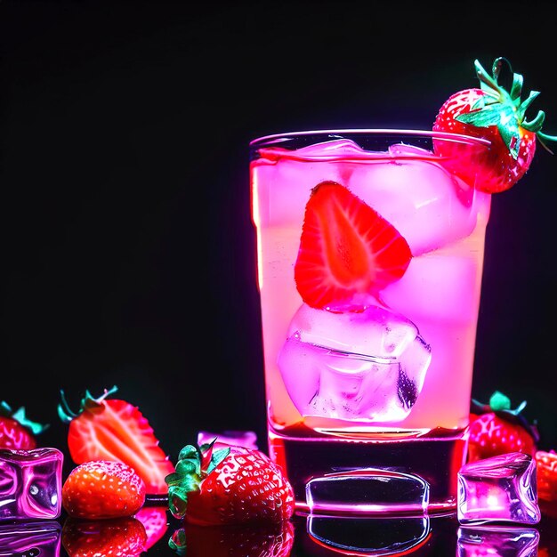 Fresh strawberry cocktail summer pink cocktail with strawberry and ice cubes on black light