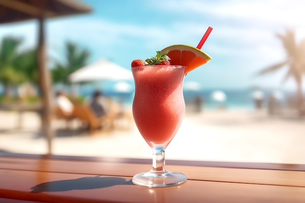 A fresh strawberry daiquiri on a beach table