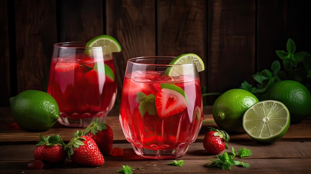 Fresh strawberry drink in glass with lime on wooden table generative ai