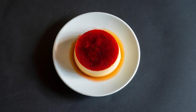 fresh strawberry flan cake on black background