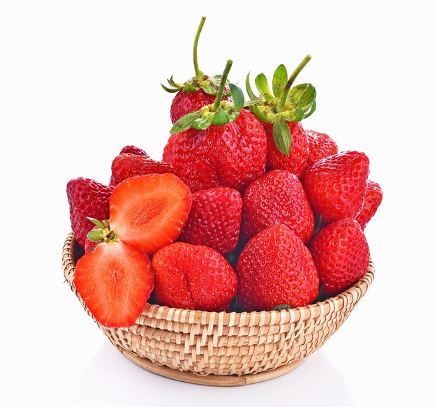 Fresh strawberry fruit berry basket on white background