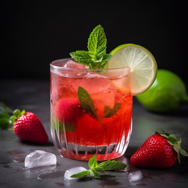 Fresh strawberry lemonade with ice and mint in glass