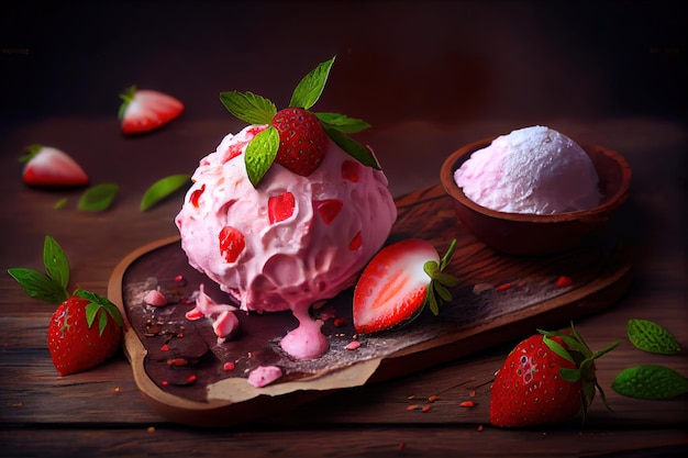 Fresh strawberry vanilla mochi ice cream plate Generative Ai