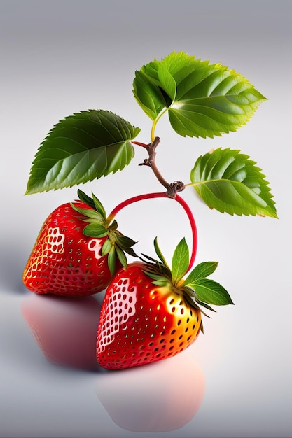 Fresh strawberry with branch and leaves on white background sha