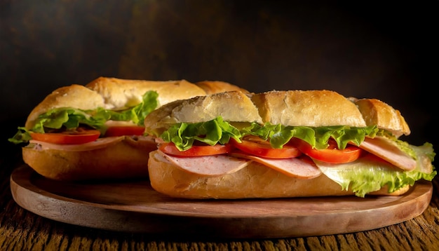 Fresh submarine sandwich Long sandwich with ham lettuce and tomatoes Fast food