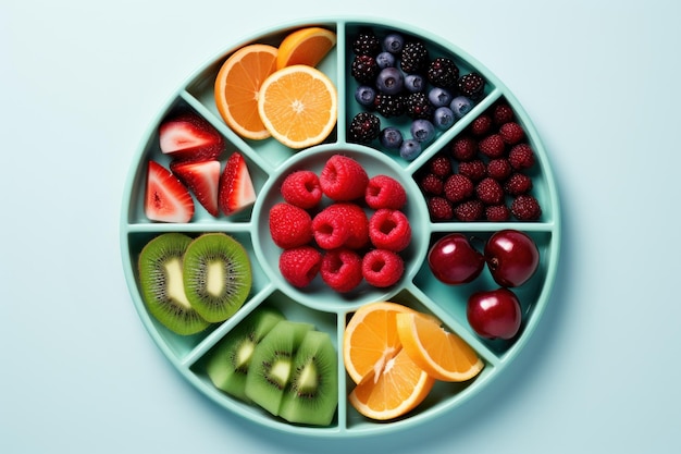 Fresh summer berries and fruits assortment on the round plate Bowl of healthy fresh fruit