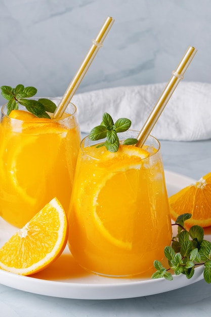 Fresh summer cocktail with orange and mint Copy space